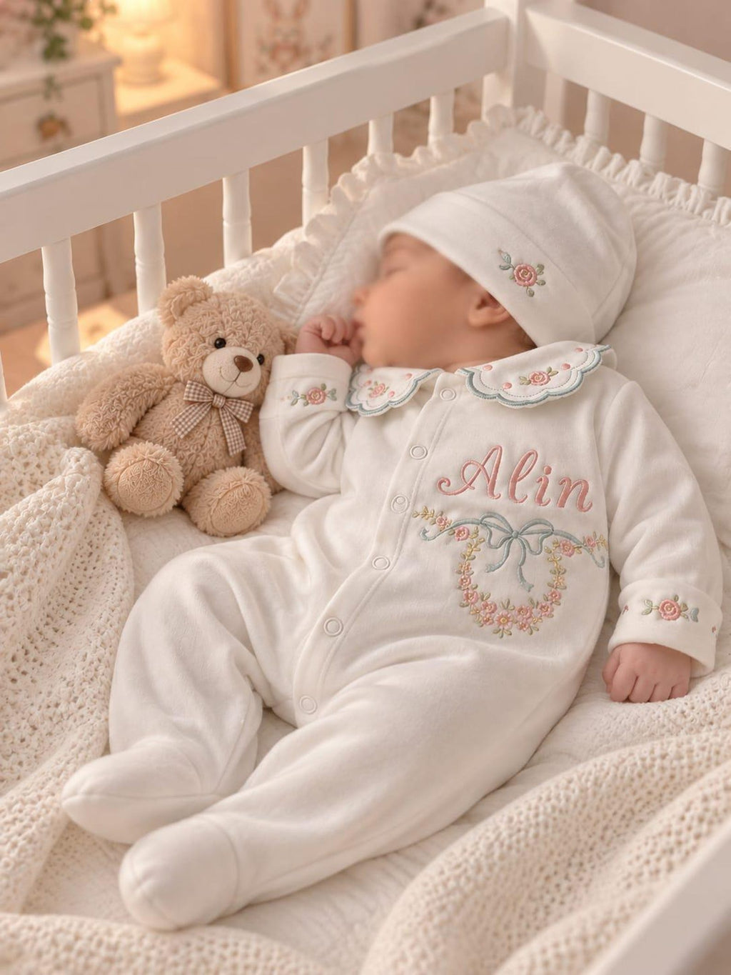 Minivello® Personalisiertes Baby-Set mit Bestickung aus 100 % Bio-Baumwolle (3- oder 4-teilig)