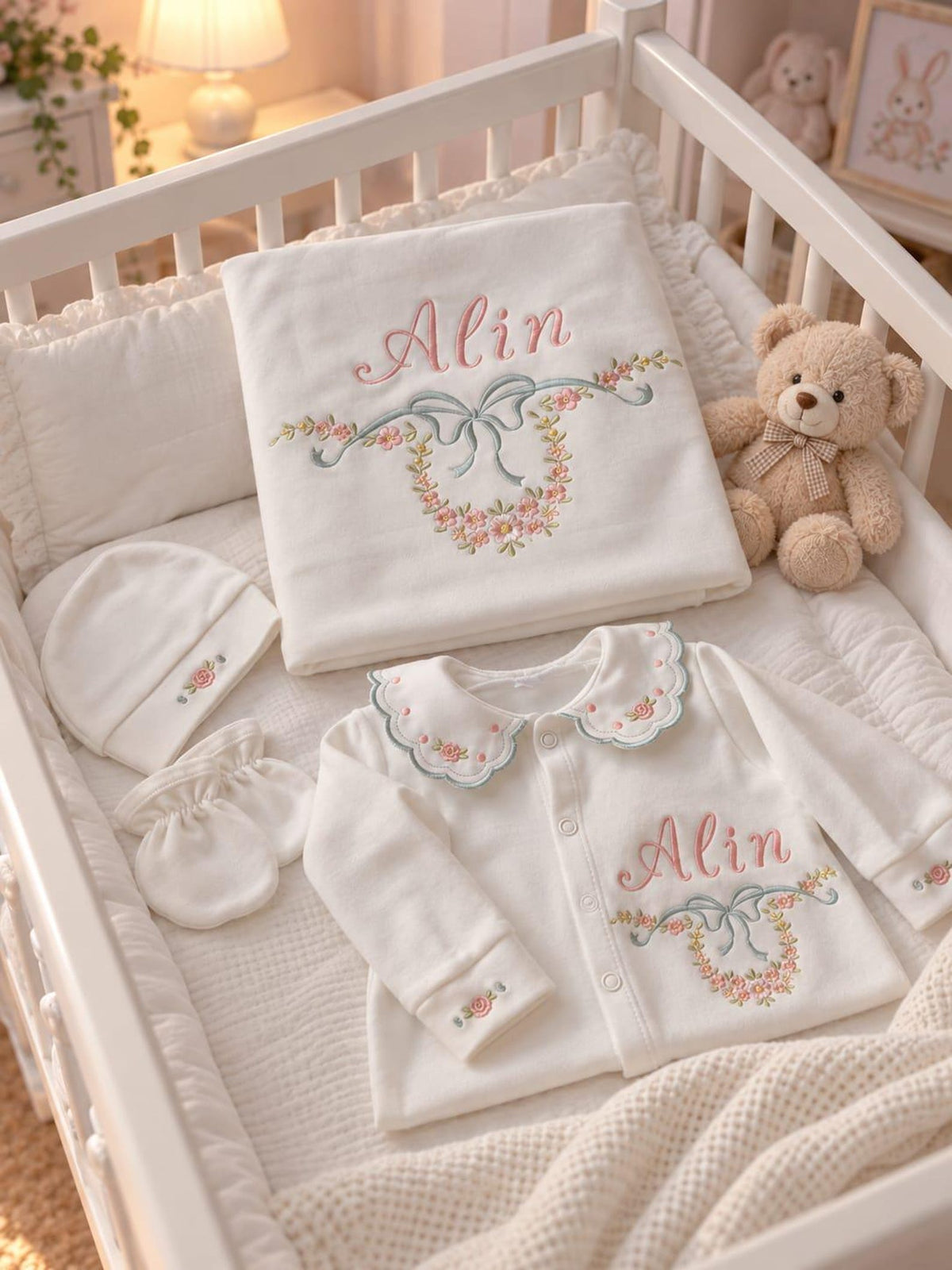 Minivello® Personalisiertes Baby-Set mit Bestickung aus 100 % Bio-Baumwolle (3- oder 4-teilig)